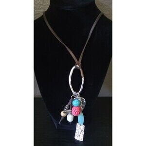 Plunder Silver Tone Tribal Necklace Leather Strap Chain with Charms Adjustable